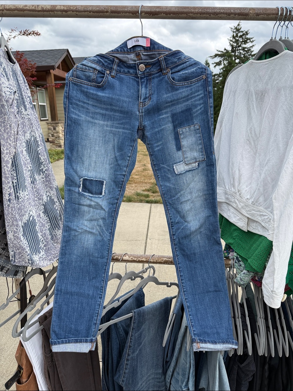 CAbi Women's Blue Skinny Patchwork Jeans